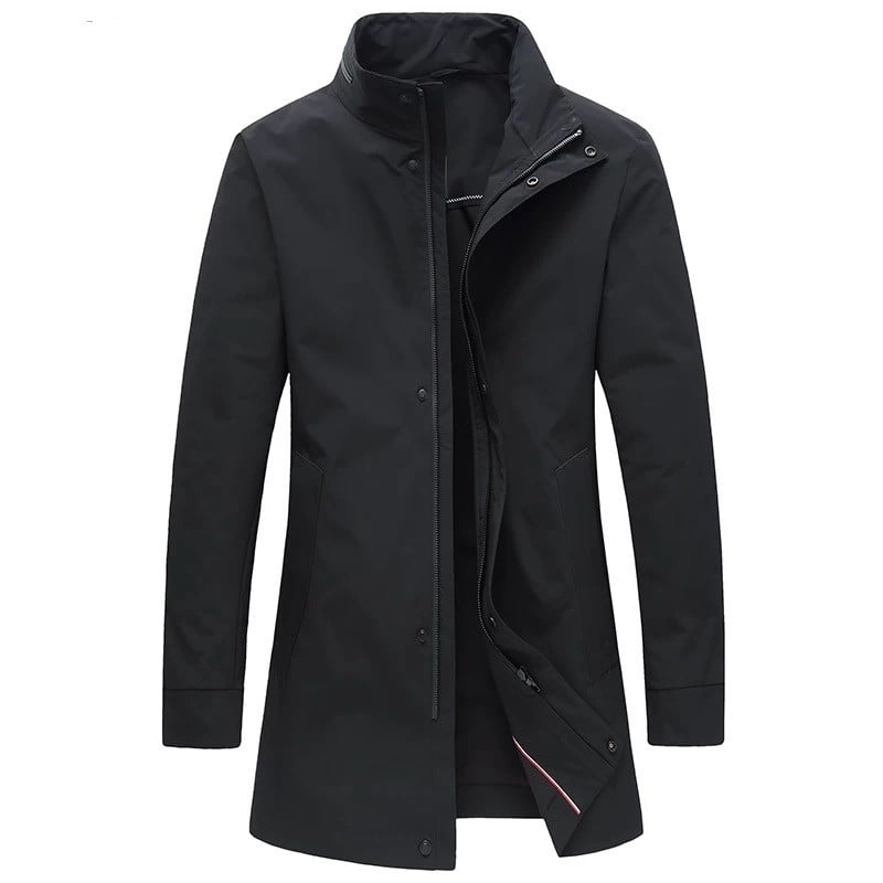 Férfi Koreai stílusú középméretű trench kabát, álló gallérral, egysoros gombolású, poliészter anyag, 100% poliészter bélés