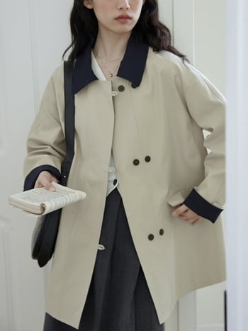 Női középméretű windbreaker kabát, galléros, dupla gombos záródás, pamutkeverék anyag, kontrasztos dizájn