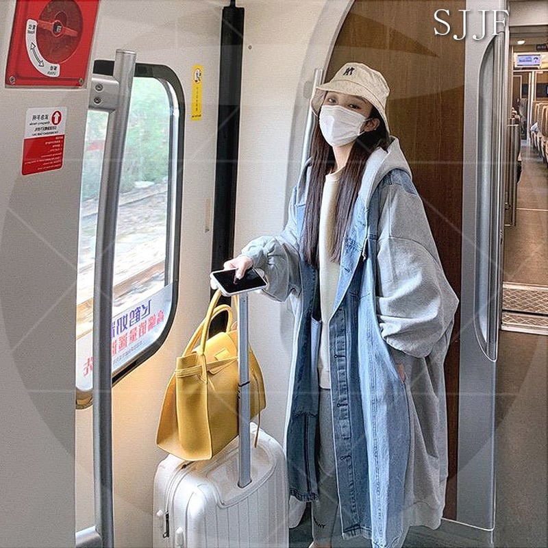 Női kapucnis farmerdzseki, panelos mintázat, középhosszú, koreai stílus, patchwork varrás