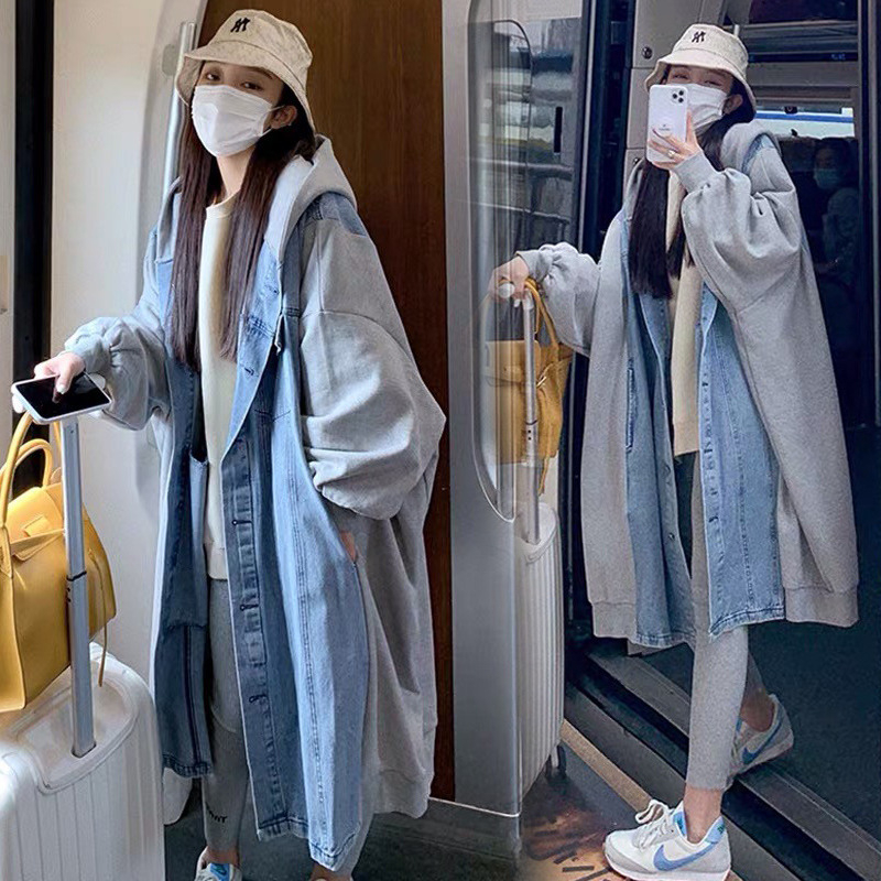 Női kapucnis farmerdzseki, panelos mintázat, középhosszú, koreai stílus, patchwork varrás