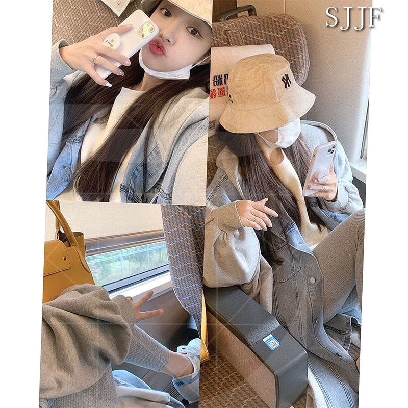 Női kapucnis farmerdzseki, panelos mintázat, középhosszú, koreai stílus, patchwork varrás