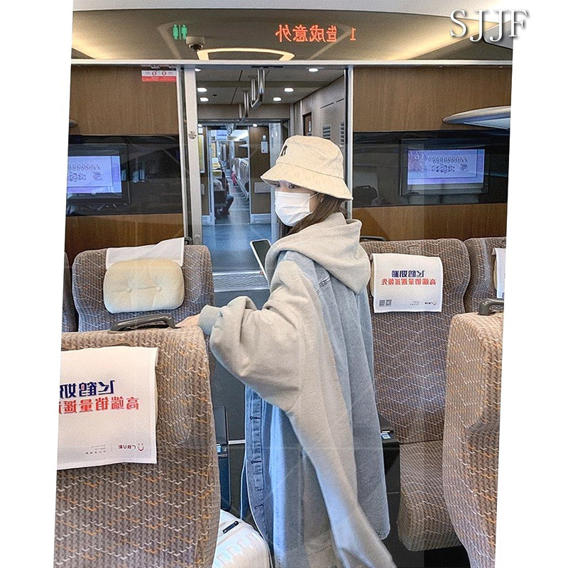 Női kapucnis farmerdzseki, panelos mintázat, középhosszú, koreai stílus, patchwork varrás