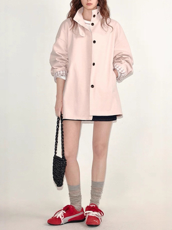 Női szélálló külső kabát pamut-elasztán keverékből, lazán szabott, álló gallér, hosszú ujjú, egysoros gombolás