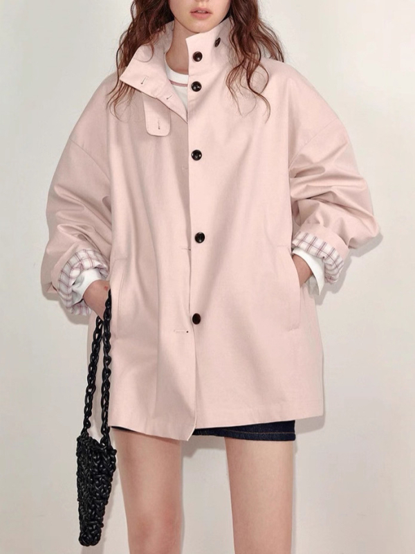 Női szélálló külső kabát pamut-elasztán keverékből, lazán szabott, álló gallér, hosszú ujjú, egysoros gombolás