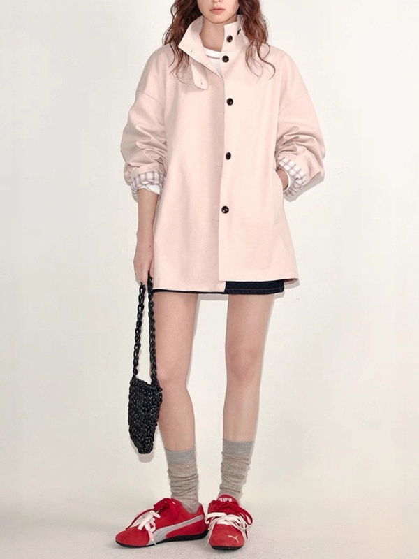 Női szélálló külső kabát pamut-elasztán keverékből, lazán szabott, álló gallér, hosszú ujjú, egysoros gombolás