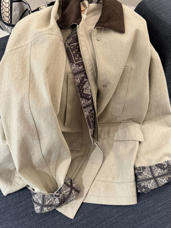 Ženska windbreaker jakna u Old Money stilu s kontrastnim šavovima, polo ovratnik, slobodan kroj, srednja duljina, poliester