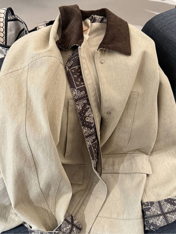 Ženska windbreaker jakna u Old Money stilu s kontrastnim šavovima, polo ovratnik, slobodan kroj, srednja duljina, poliester