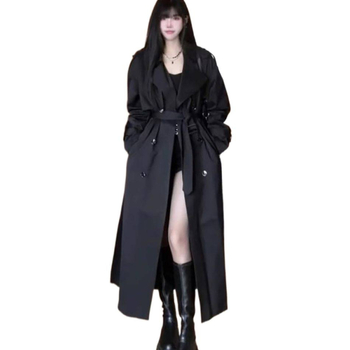 Crni trench kaput u Hepburn stilu za sitne žene, Chenille materijal, proljetno-jesenski model, francusko-britanski stil s ovratnikom jakne