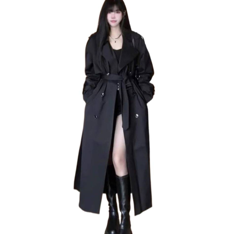 Crni trench kaput u Hepburn stilu za sitne žene, Chenille materijal, proljetno-jesenski model, francusko-britanski stil s ovratnikom jakne