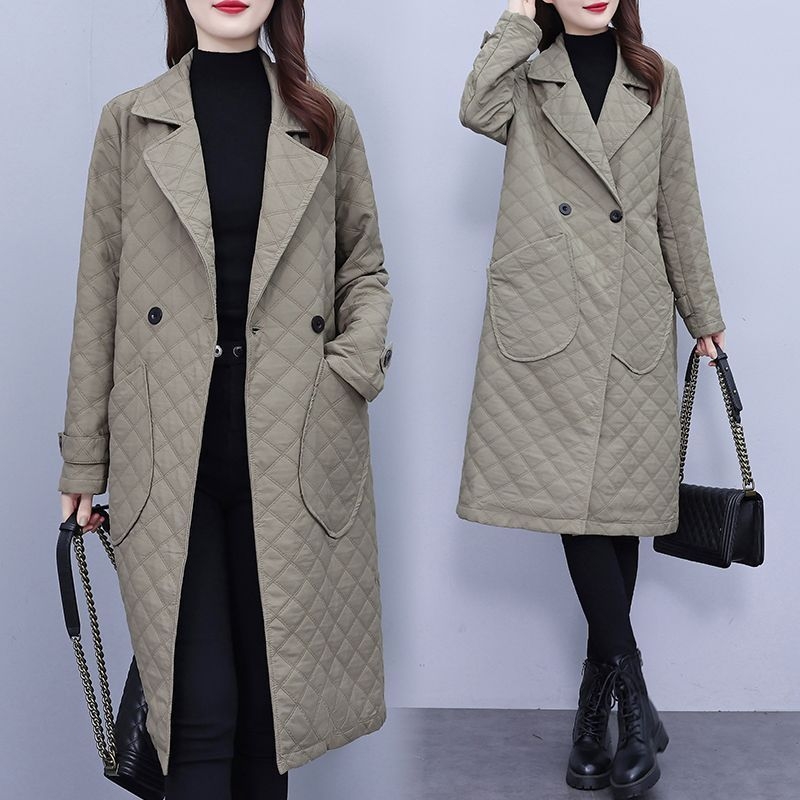 Ženski prešivani trench coat srednje dužine, Plus Size, ovratnik sakoa, A-linijski kroj