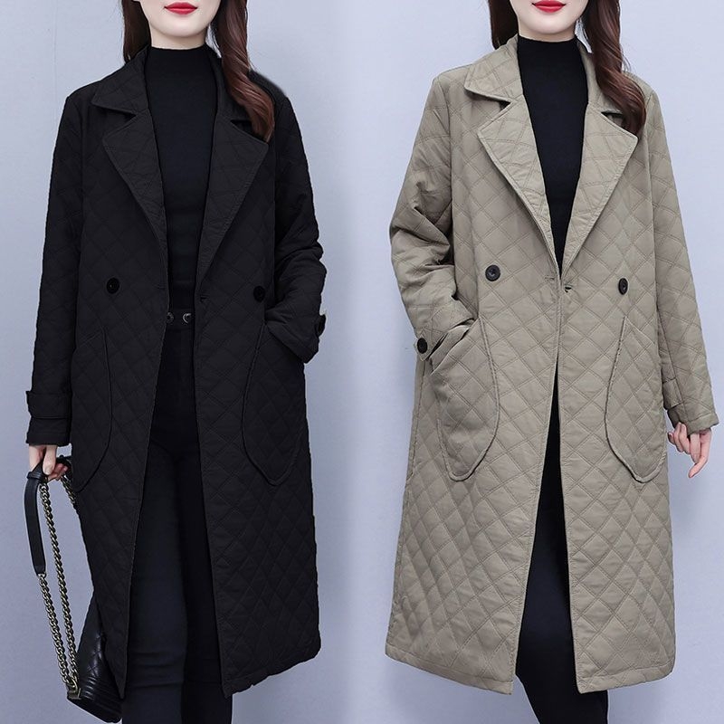 Ženski prešivani trench coat srednje dužine, Plus Size, ovratnik sakoa, A-linijski kroj
