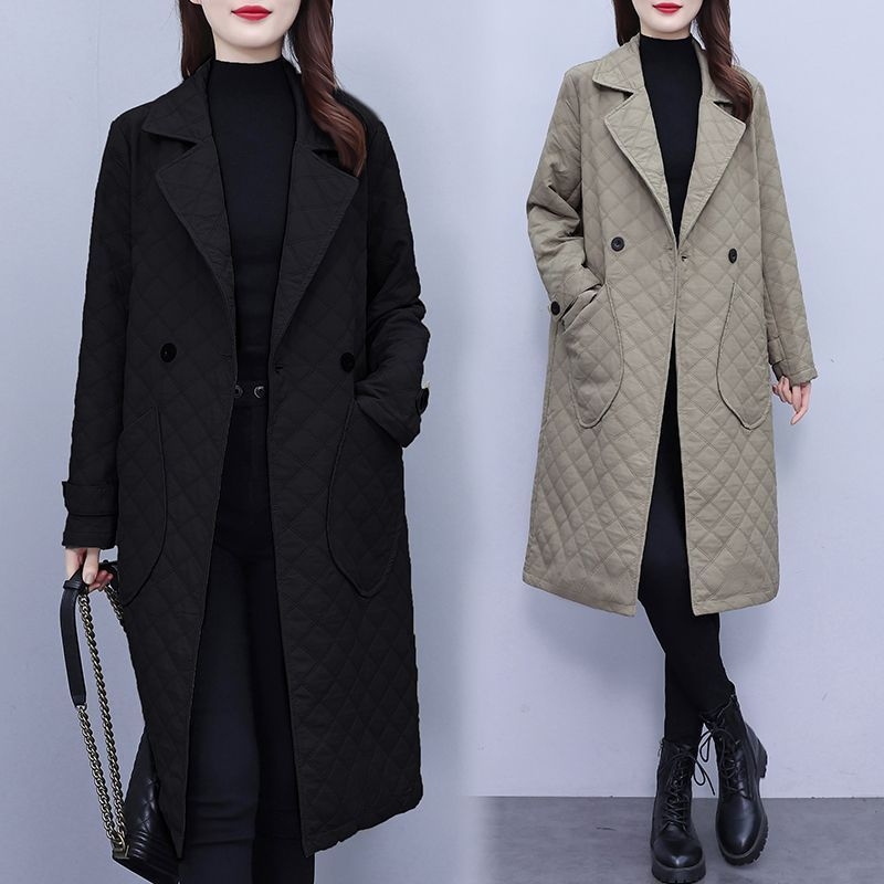 Ženski prešivani trench coat srednje dužine, Plus Size, ovratnik sakoa, A-linijski kroj