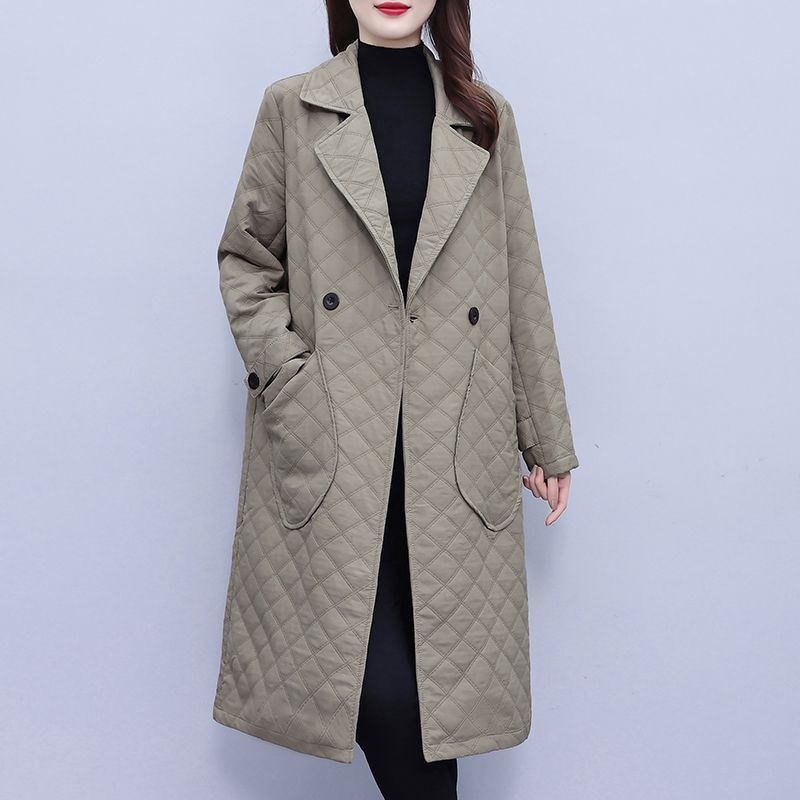 Ženski prešivani trench coat srednje dužine, Plus Size, ovratnik sakoa, A-linijski kroj