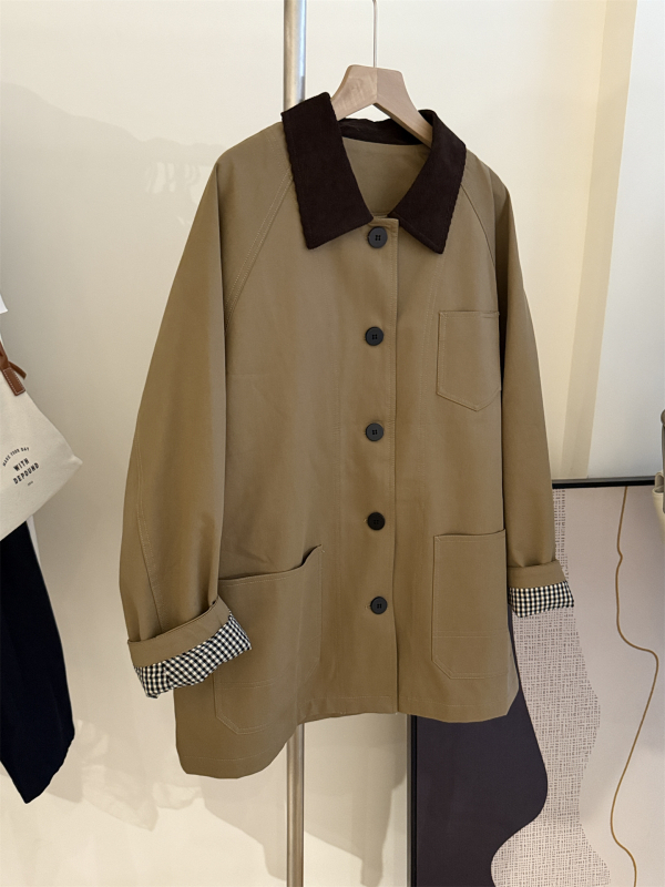 Ženska windbreaker jakna, pamuk 95%+, labavi kroj, srednja duljina 65–80 cm, rever