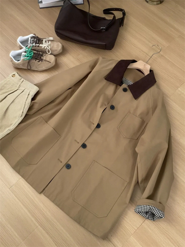 Ženska windbreaker jakna, pamuk 95%+, labavi kroj, srednja duljina 65–80 cm, rever