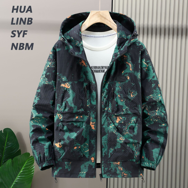 Muška oversize jakna u radnom stilu s kamuflažnim uzorkom, kapuljača, zatvarač, windbreaker za proljeće i jesen