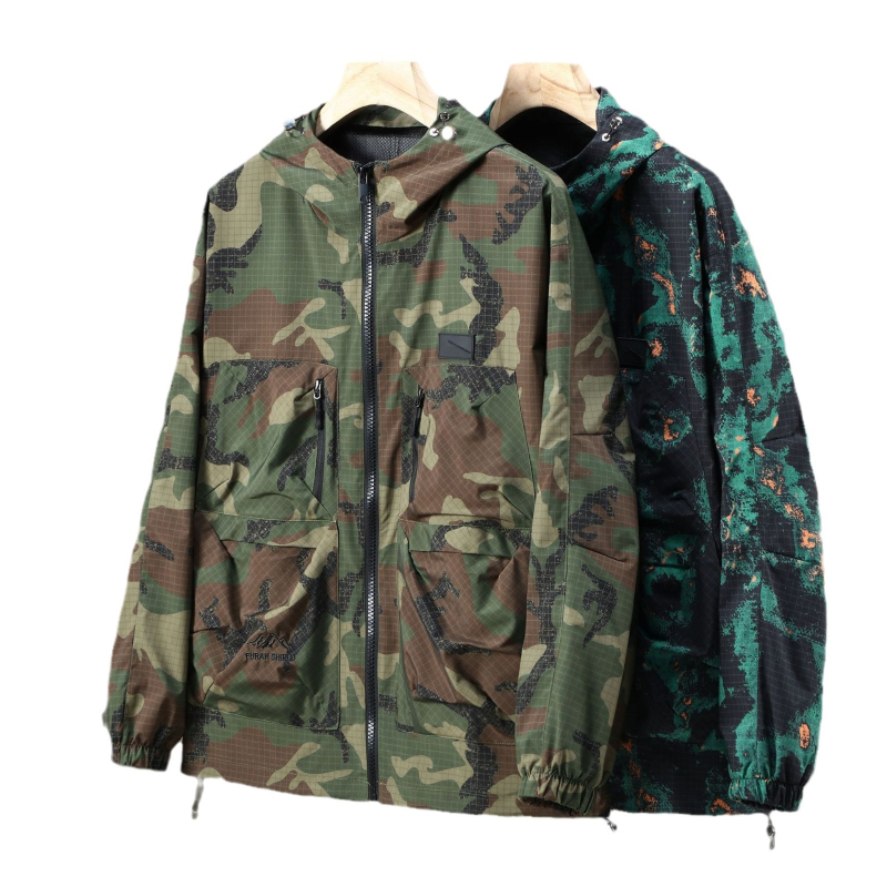 Muška oversize jakna u radnom stilu s kamuflažnim uzorkom, kapuljača, zatvarač, windbreaker za proljeće i jesen