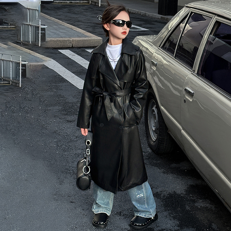 Bērnu PU ādas jaka ar noņemamu jostu, korejiešu stils, garš modelis, divpusēja aizdare, revers apkakle