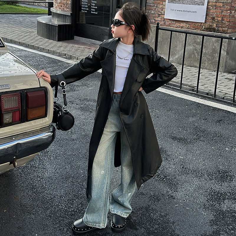 Bērnu PU ādas jaka ar noņemamu jostu, korejiešu stils, garš modelis, divpusēja aizdare, revers apkakle