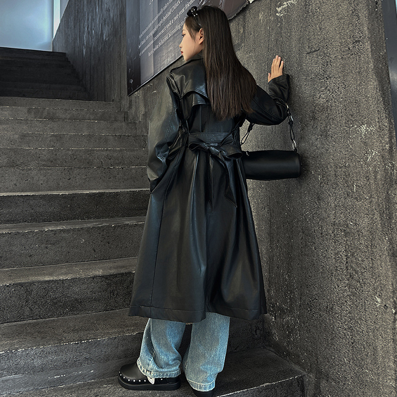 Bērnu PU ādas jaka ar noņemamu jostu, korejiešu stils, garš modelis, divpusēja aizdare, revers apkakle