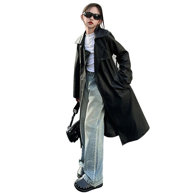 Bērnu PU ādas jaka ar noņemamu jostu, korejiešu stils, garš modelis, divpusēja aizdare, revers apkakle