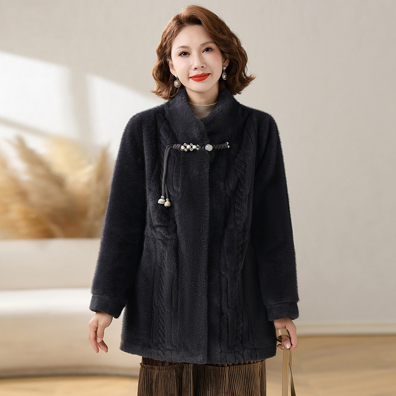 Női téli kabát mesterséges nyérc bunda, egyszínű, poliészter >95%, szalag díszítés, középhosszú