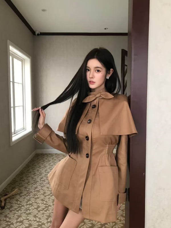 Ženski trench coat s patchworkom i mašnicom, lažni dvodijelni dizajn, uža linija struka, britski stil, srednja duljina