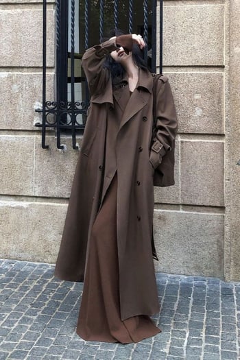 Ženski dugi trench kaput u klasičnom britanskom stilu, s reverom, inspiriran korejskim stilom, do koljena, široki kroj, elegantan