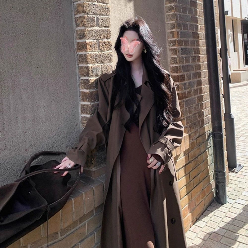 Ženski dugi trench kaput u klasičnom britanskom stilu, s reverom, inspiriran korejskim stilom, do koljena, široki kroj, elegantan