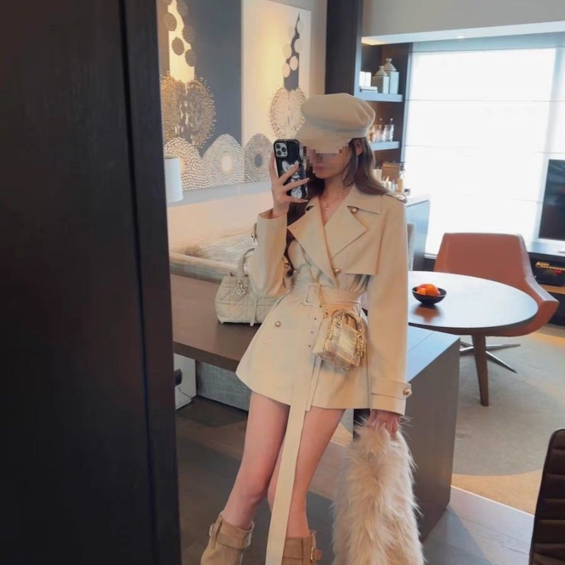 Chenille trench kabát spandex keverékkel, dupla gombos, kis fazon, V-nyak, hercegnő ujjas, tavasz 2025, királyi nővér-stílus