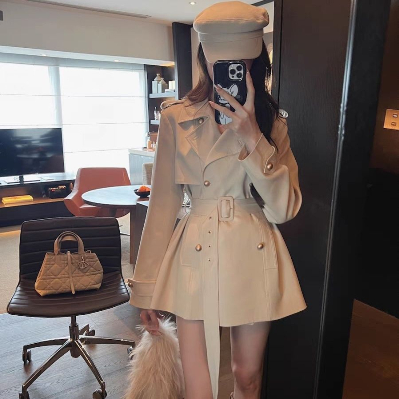 Chenille trench kabát spandex keverékkel, dupla gombos, kis fazon, V-nyak, hercegnő ujjas, tavasz 2025, királyi nővér-stílus