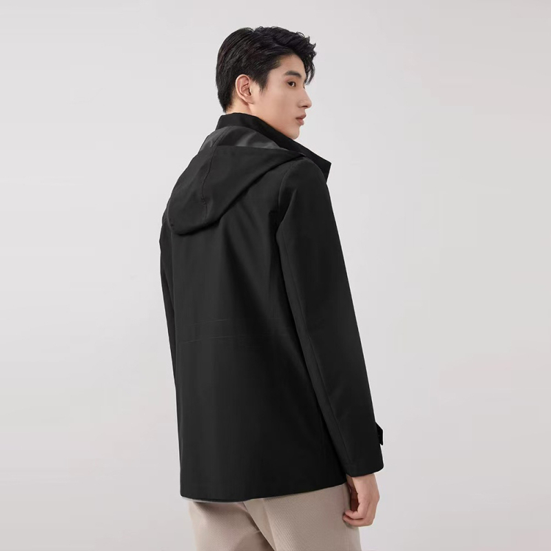 Muška windbreaker jakna s odvojivom kapulom, stojeći ovratnik, zatvarač, srednja duljina, poliester tkanina