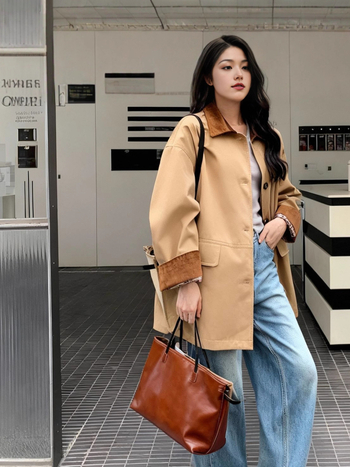 Ženska jakna kaki s kontrastnim šavovima, za proljeće i jesen, britanski stil, casual chic.