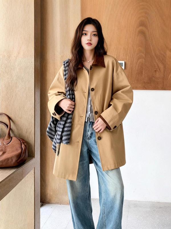 Ženska jakna kaki s kontrastnim šavovima, za proljeće i jesen, britanski stil, casual chic.