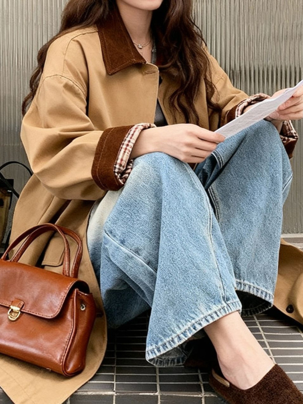 Ženska jakna kaki s kontrastnim šavovima, za proljeće i jesen, britanski stil, casual chic.