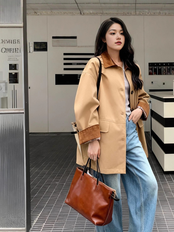 Ženska jakna kaki s kontrastnim šavovima, za proljeće i jesen, britanski stil, casual chic.