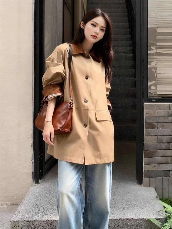 Ženska jakna kaki s kontrastnim šavovima, za proljeće i jesen, britanski stil, casual chic.