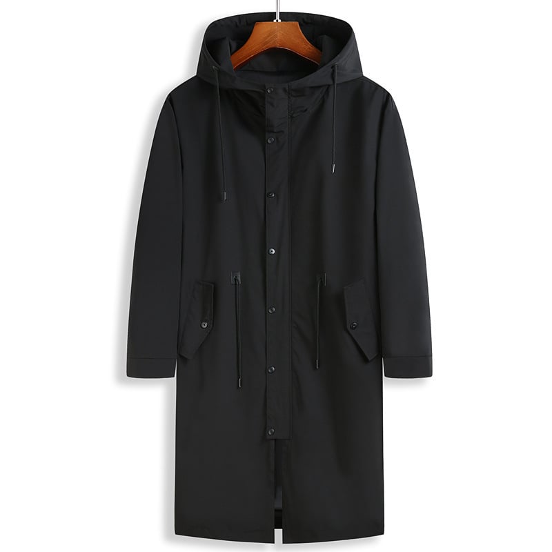 Muški dugi kaput s kapuljačom i zatvaračem, jednobojna poliester tkanina, podstava 100% poliester, bez glačanja