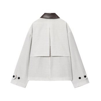 Γυναικείο σακάκι με δερμάτινο γιακά και καρό πλέγμα, φαρδιά γραμμή, φερμουάρ, πολυεστέρας με σπαντέξ, φθινόπωρο 2025