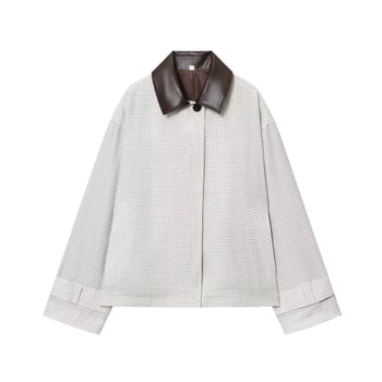 Γυναικείο σακάκι με δερμάτινο γιακά και καρό πλέγμα, φαρδιά γραμμή, φερμουάρ, πολυεστέρας με σπαντέξ, φθινόπωρο 2025