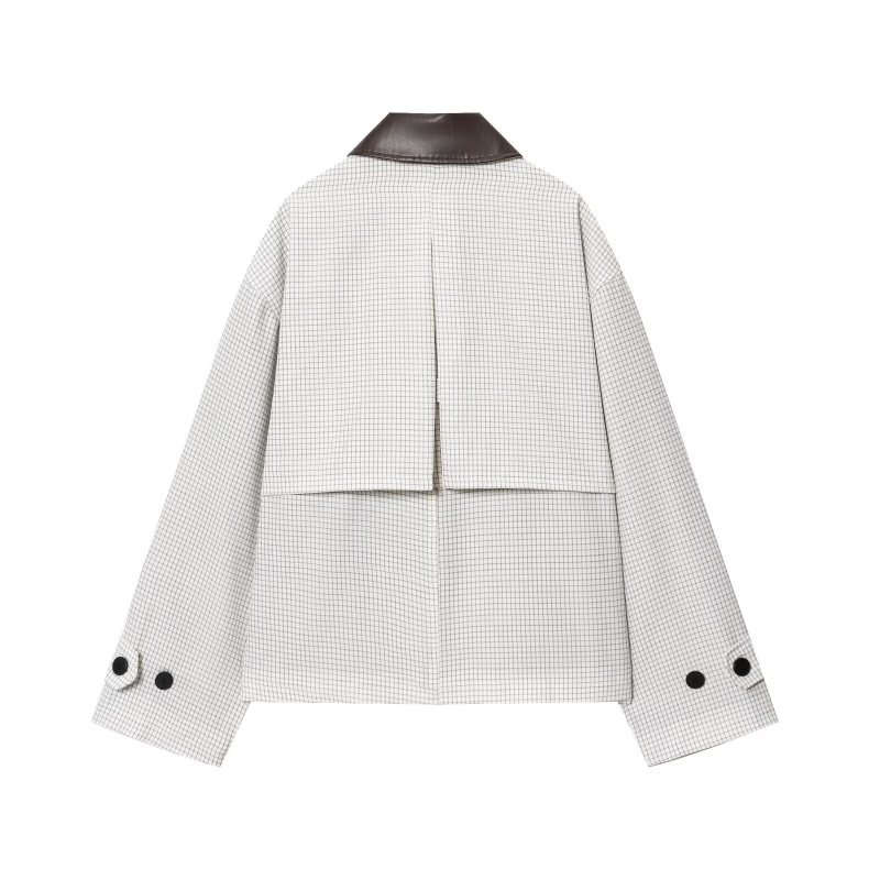 Γυναικείο σακάκι με δερμάτινο γιακά και καρό πλέγμα, φαρδιά γραμμή, φερμουάρ, πολυεστέρας με σπαντέξ, φθινόπωρο 2025
