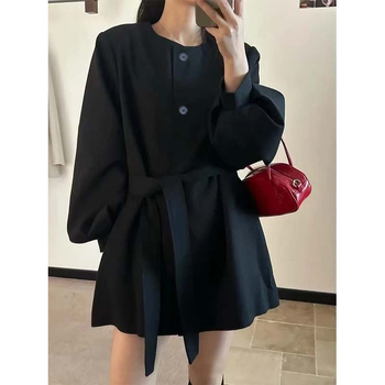 Žensko poliester sako s vezicama sprijeda, kratka A-linija, rukavi fenjer, okrugli izrez — casual korejsko-japanski stil