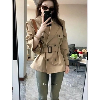 Khaki trench coat visoke kvalitete, dvostruko kopčanje, britski stil, kratka verzija, pojas za žene
