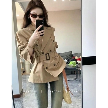 Khaki trench coat visoke kvalitete, dvostruko kopčanje, britski stil, kratka verzija, pojas za žene