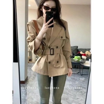 Khaki trench coat visoke kvalitete, dvostruko kopčanje, britski stil, kratka verzija, pojas za žene