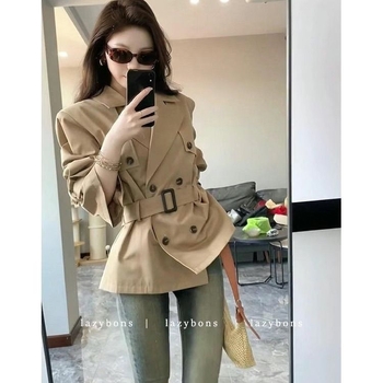 Khaki trench coat visoke kvalitete, dvostruko kopčanje, britski stil, kratka verzija, pojas za žene