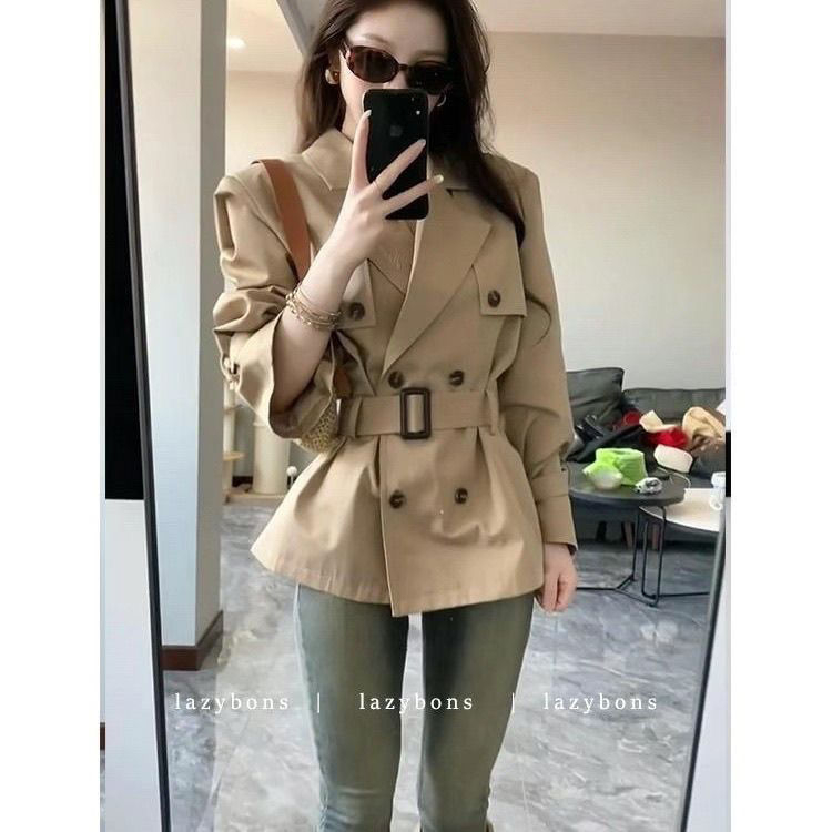 Khaki trench coat visoke kvalitete, dvostruko kopčanje, britski stil, kratka verzija, pojas za žene