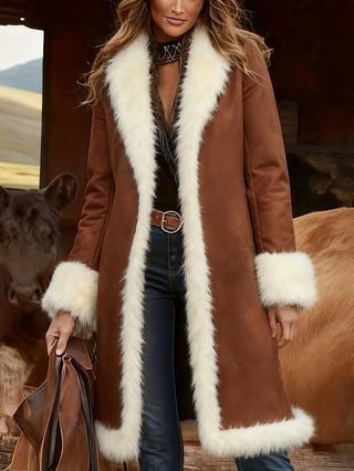 Ženski dugi kaput s ovčjom krznom, Island Velvet tkanina, poliester 90–95%, jesen 2025