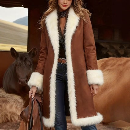 Ženski dugi kaput s ovčjom krznom, Island Velvet tkanina, poliester 90–95%, jesen 2025