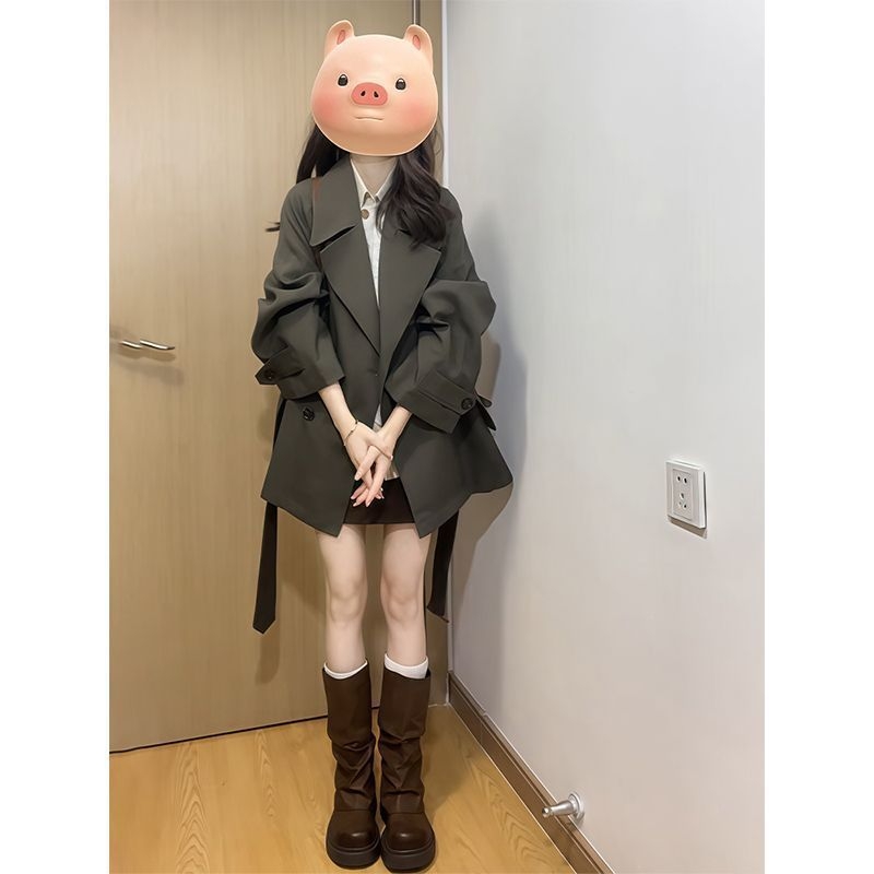 Geacă windbreaker pentru femei cu șiret și rever, lungime medie, material Chenille-Spandex, croială în formă de A